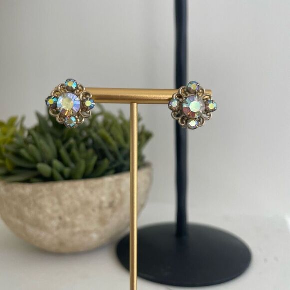 Vintage Rainbow Iridescent Rhinestone Button Clip Earrings - Picture 1 of 5